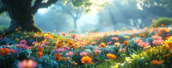 The photo shows a field of flowers with a tree in the background. The flowers are colorful and in full bloom. The sun is shining through the trees, creating a beautiful scene.