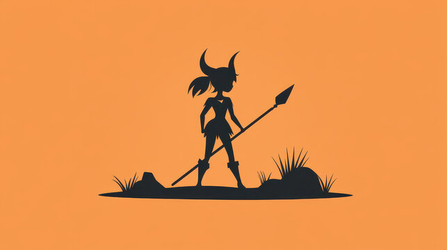 recommend clip art: A striking black silhouette of a demon girl knight, adorned in armor, wielding a unique musical spear and leaning on her shield.