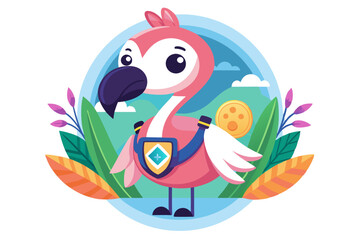 A Cartoon Flamingo Wearing a Blue Strap with a Shield and a Gold Coin