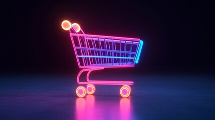 A neon shopping cart with neon balls on the handles