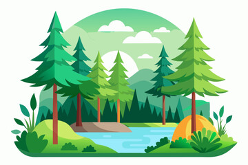 Obraz premium A Scenic Forest Landscape with a Stream and a Tent