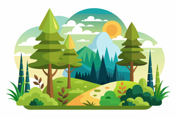 Obraz premium A Vibrant Landscape with Green Trees, a Winding Path, and a Sunny Sky