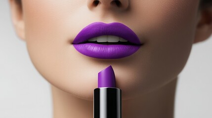 A woman showcases a bold purple lipstick applied on her lips while holding the lipstick tube near her mouth.