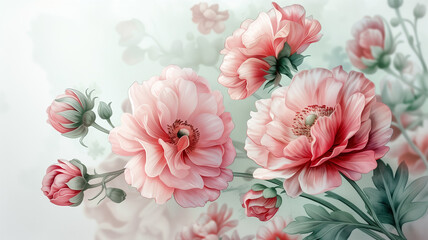 A delicate and romantic floral arrangement featuring a cluster of soft pink and white roses. The lush petals and vibrant colors