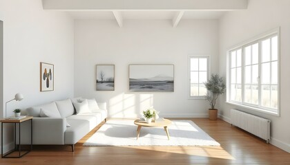 White minimalist living room interior with sofa on a wooden floor, decor on a large wall, white landscape in window. 