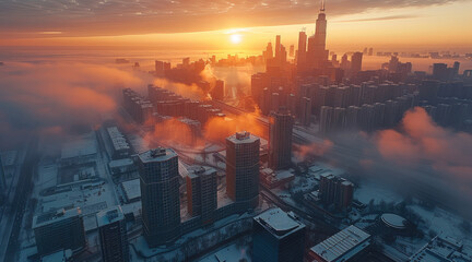 Fototapeta premium City view, sunrise. Aerial high view. Generative AI.