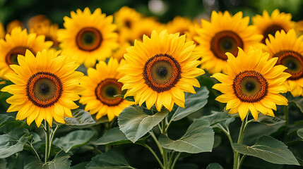 Fototapeta premium Vibrant sunflowers blooming during a sunny day in a garden, showcasing their bright yellow petals and dark centers