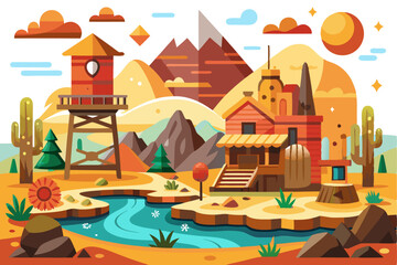 Obraz premium A Desert Landscape with a Tower, a House, and a Winding River