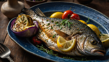 Whole grilled fish with lemon slices and herbs, served on a rustic plate with a side of grilled vegetables.
