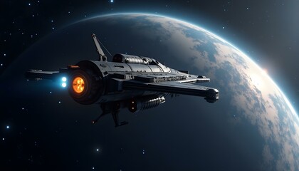 A futuristic flying spaceship navigating against the backdrop of Earth, showcasing advanced technology and space exploration.