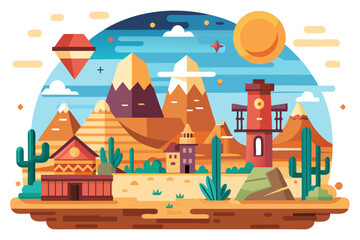 Obraz premium Desert Landscape with Mountains, Cactus, and Buildings