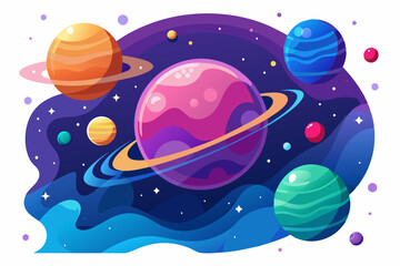 Colorful Planets and Stars in a Galaxy