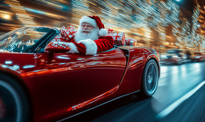 Santa Claus driving red sports car at night with Christmas gifts, blurred city lights background © Patrick