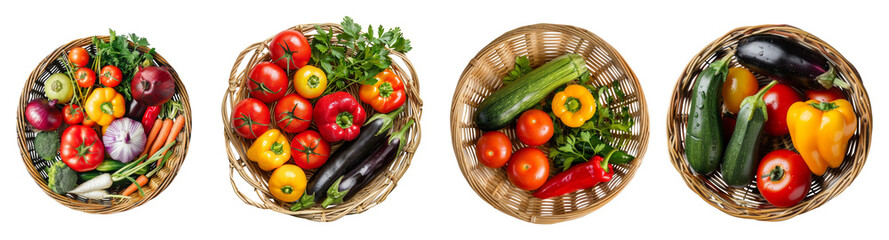 Set of Garden vegetables that full in basket from top view isolated on background, flat view healthy ingredients plant with high fiber and vitamins.