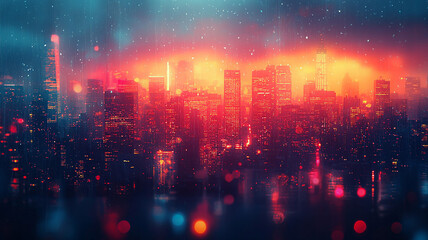Obraz premium Vintage poster template with retro design elements, set against a softly blurred cityscape background.