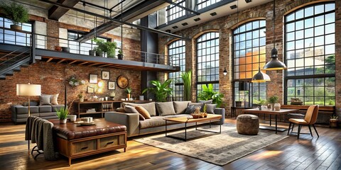 Obraz premium Exposed brick walls and metal beams provide a rugged backdrop for a space filled with modern furniture, eclectic vintage accents, and dynamic abstract art.