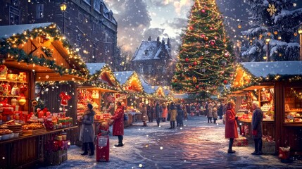 Fototapeta premium A festive Christmas market scene captures the joy and magic of the holiday season. Snow gently falls, and bright lights adorn the stalls. Warmth and cheer abound in this winter wonderland. AI