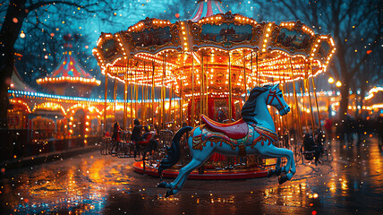 High-resolution vintage poster template featuring classic artwork, with a blurred background of a nostalgic amusement park.