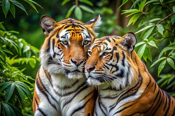 fierce yet tender moment between a pair of tigers embracing in a lush jungle environment