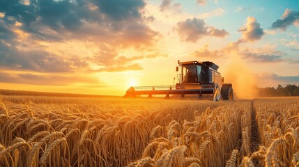 Fototapeta premium Harvesting wheat at sunset with a combine harvester in a golden field