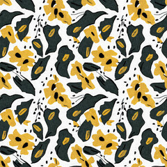 Modern printed fabric wildflower blockprint pattern with linen fabric textures. Stylized hand drawn boho dark florals for decorative design elements in repeatable background tile.