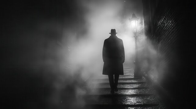 enigmatic figure emerges from shadowy alleyway silhouetted against dim streetlights noirstyle composition with high contrast deep blacks and misty atmosphere