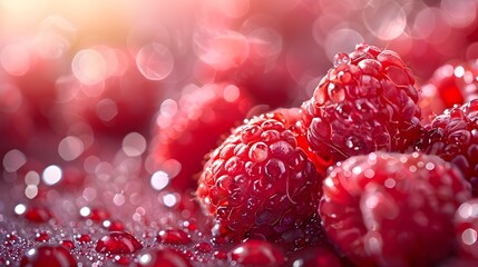 Vivid Close up of Luscious Raspberries with Dew Droplets on Vibrant Red Textured Fruit