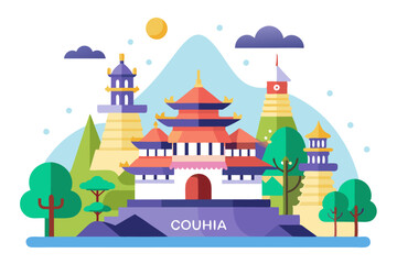 Fototapeta premium Colorful Flat Illustration of Couhia Cityscape with Temples, Trees, and Clouds