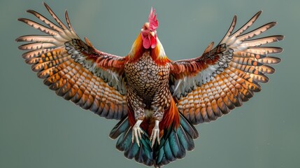 Vibrant rooster soaring with wings fully spread and colorful feathers