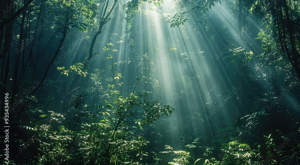 Aufkleber shafts of light from a headlamp pierce through the dense forest canopy. generative ai.