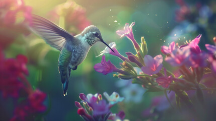 Fototapeta premium A hummingbird hovers over bright pink and purple flowers, drinking nectar. Sunlight softly illuminates the bird's feathers, creating a warm and cozy atmosphere