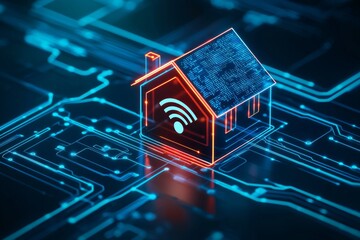A minimalistic home icon with a WiFi icon inside, surrounded by sleek, futuristic lines representing smart home connectivity. 