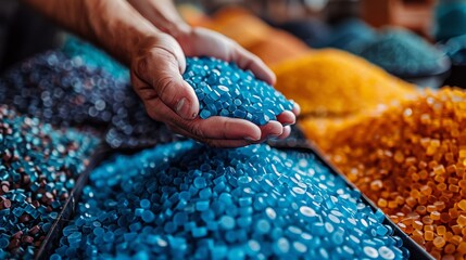 Close-up of hands holding vibrant blue plastic polymer pellets