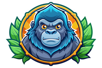 Fototapeta premium Blue Gorilla Head with Green Leaves and Yellow Circle