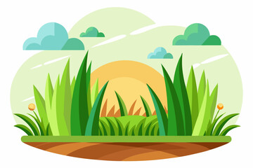 Obraz premium Lush Green Grass Under a Setting Sun with Clouds