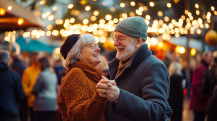 A senior couple dancing on a fair fest outside in the autumn.