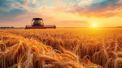 Fototapeta premium Harvesting wheat at sunset in a golden field with a combine harvester in action