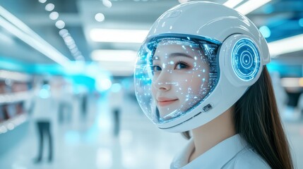 Futuristic Woman Wearing a Helmet with Holographic Display