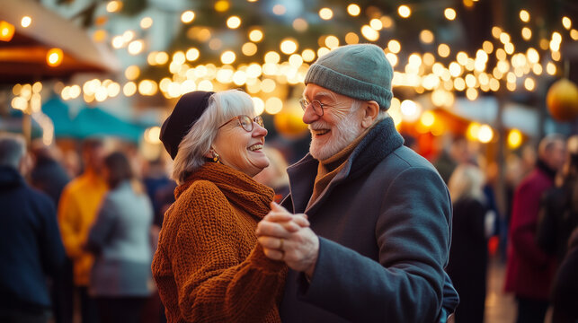 A senior couple dancing on a fair fest outside in the autumn.