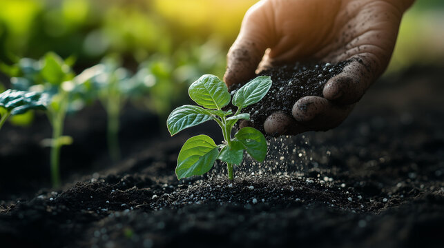 A hand of a men is planting the seedlings into the ground.