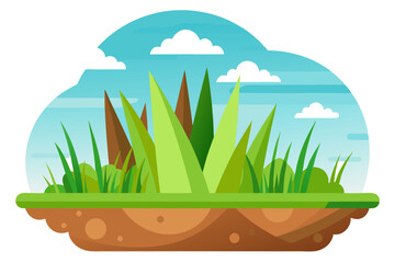Green Grass Patch with Brown Soil and Blue Sky