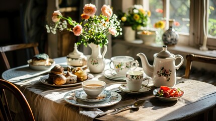 Fototapeta premium A breakfast spread on a rustic table, with fresh flowers and soft morning light creating a cozy scene