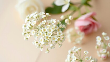 White gypsophila flowers or baby's breath flowers close up on beige background selective focus banner. Copy space. Flowers background, ai
