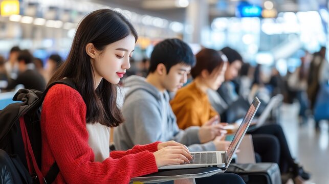 A group of Asian travelers occupy seats in an airport terminal, working on laptops and using mobile devices while waiting