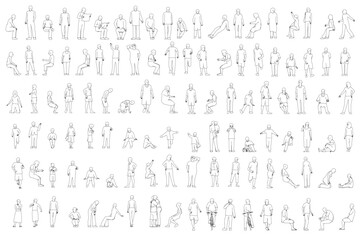 Set with people outlines in different positions from black lines isolated on white background. Men, women and children walking, running, standing, sitting. Front view. Vector illustration.