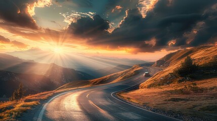 A car speeding down a winding mountain road at sunset, with dramatic clouds and sunrays highlighting the scene