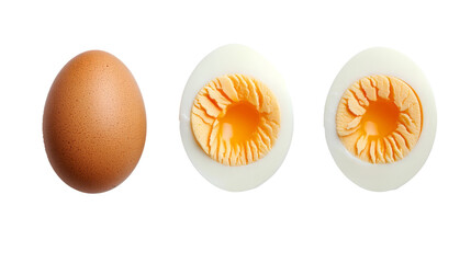 A brown egg, a hard-boiled egg, and a soft-boiled egg.