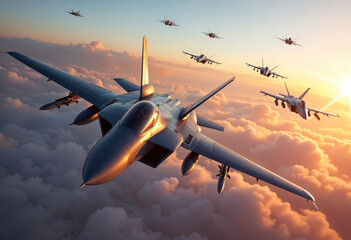 Fighter jet dogfight in the sky, fast-paced, aerial combat