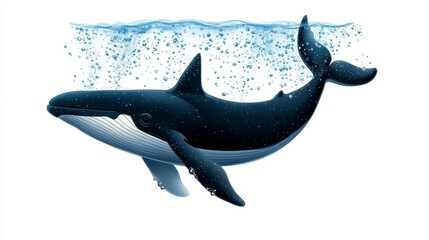 Fototapeta premium Humpback Whale Breaching with Bubbles Underwater Illustration