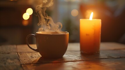 A close-up of a hot cup of soup with steam rising, placed next to a flickering candle on a wooden table